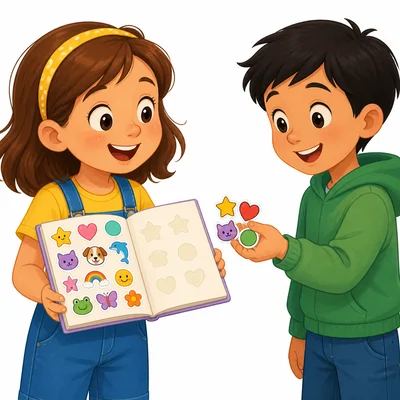 A child receives more colorful stickers from a friend.