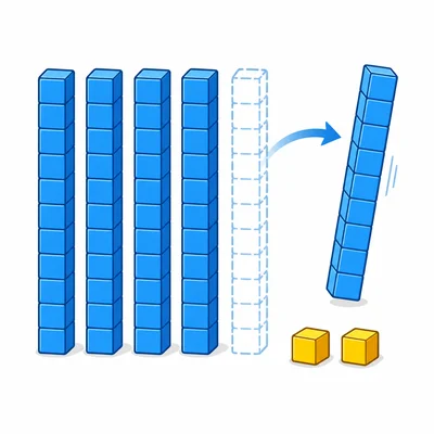Base-ten blocks showing one ten-rod being taken away from a group with two unit cubes.