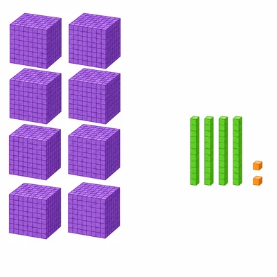 Base-ten blocks showing thousands, no hundreds, tens, and ones.