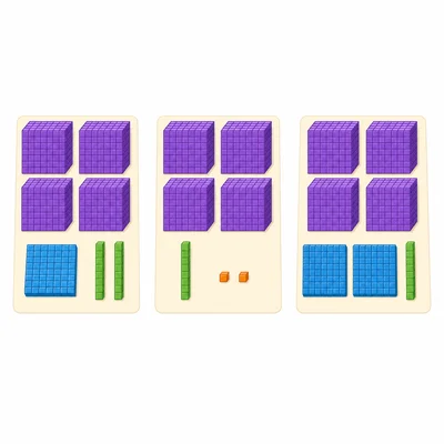 Three base-ten block groups on separate mats for ordering numbers.