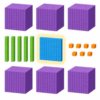 Base-ten blocks with the single hundred flat highlighted.