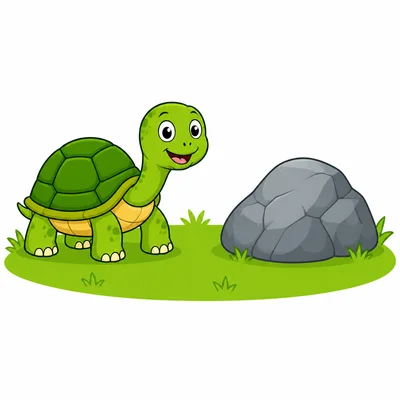 A turtle to the left of a rock.