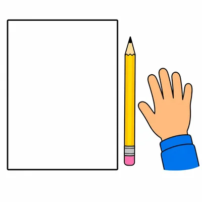 A pencil on the right side of a sheet of paper next to a right hand.
