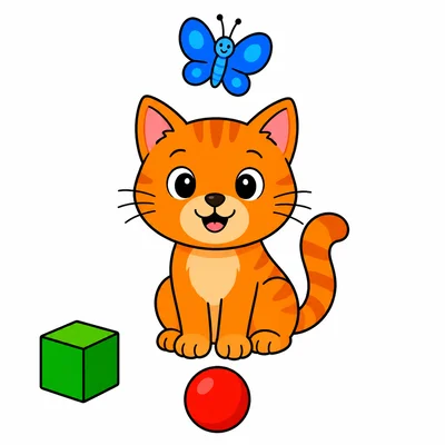 A cat with a ball below it, a butterfly above it, and a toy block to the side.