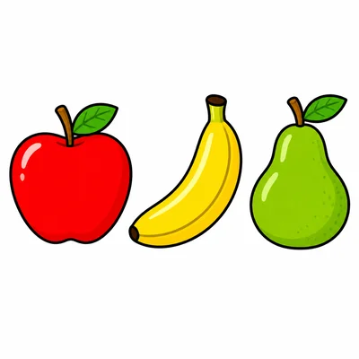 A row with an apple, a banana, and a pear.