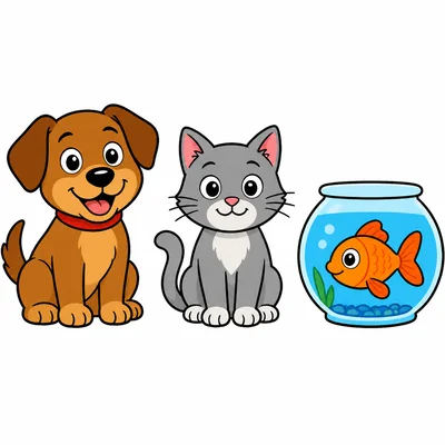 A row with a dog, a cat, and a fish.