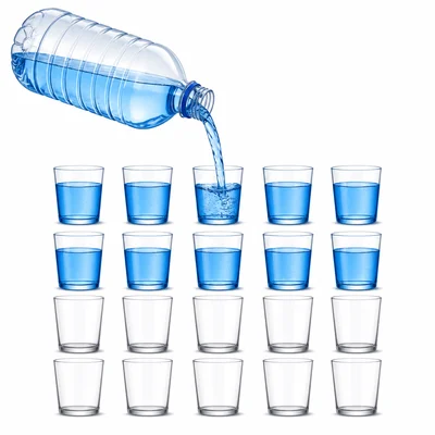 A large water bottle pouring water into rows of small cups.