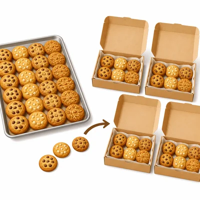 Cookies being packed equally into bakery boxes.