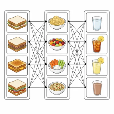 Diagram showing choices of sandwiches, side dishes, and drinks connected as meal combinations.