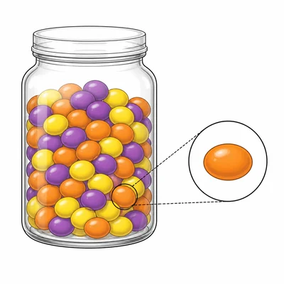 Jar of yellow, purple, and orange candies with an orange candy drawn.