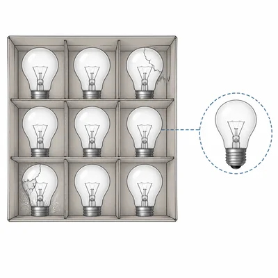 Box of nine light bulbs with two cracked defective bulbs and one intact bulb selected.