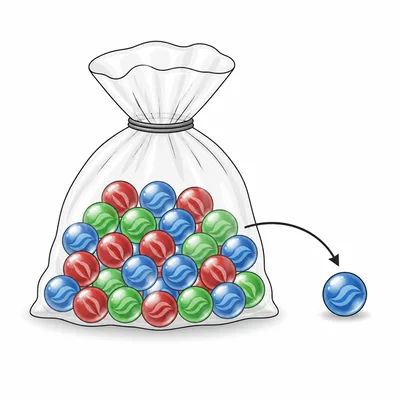 Bag of red, blue, and green marbles with a blue marble drawn.