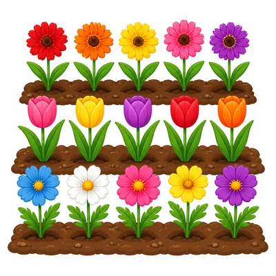 Flowers planted in three equal rows.