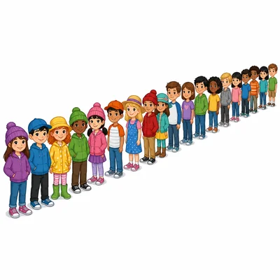 A line of students, some wearing hats and some without hats.