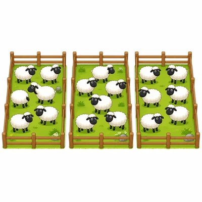 Three sheep pens with equal groups of sheep.
