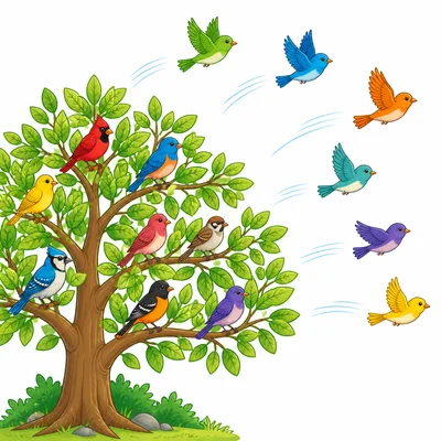 Birds on a tree with some birds flying away.