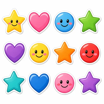 Stickers arranged in equal rows.