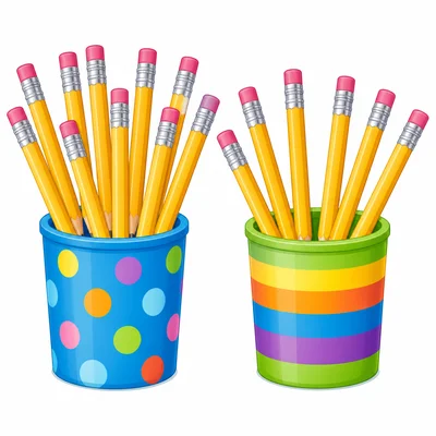 Two cups holding groups of pencils.