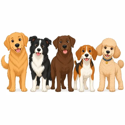 Five dogs standing in a row.