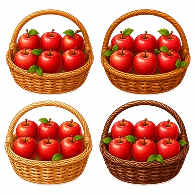 Four baskets each filled with apples.