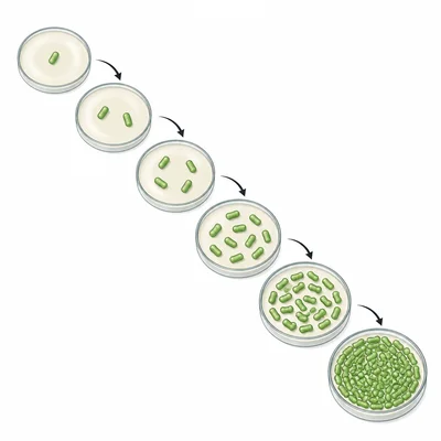 A sequence of petri dishes showing bacteria cells doubling into a larger population.