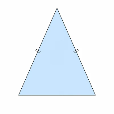 An isosceles triangle with two equal sides marked.