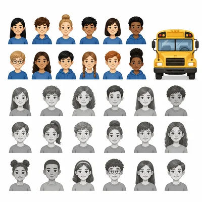 Thirty student icons with twelve highlighted near a school bus.