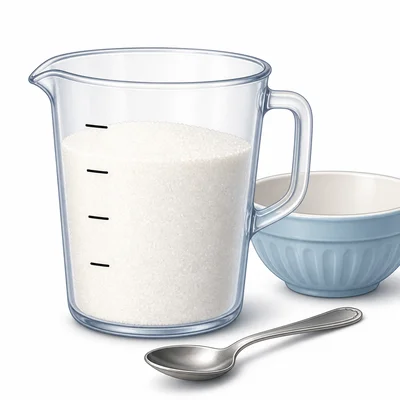 A measuring cup filled three quarters full with sugar beside a mixing bowl.