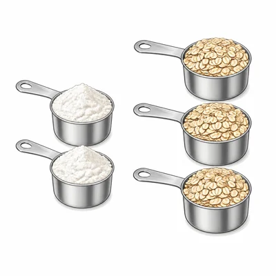 Two cups of flour next to three cups of oats showing a recipe ratio.