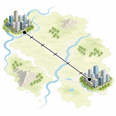 A map showing two city points connected by a measured distance line.
