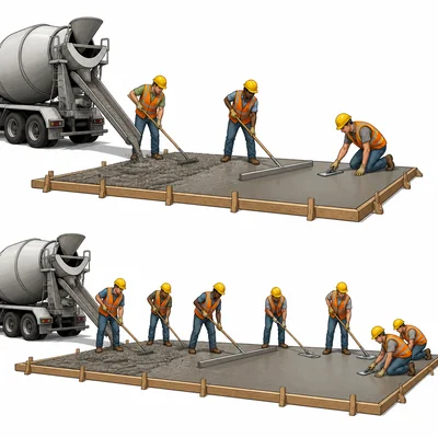 A smaller work crew and a larger work crew completing the same kind of job.