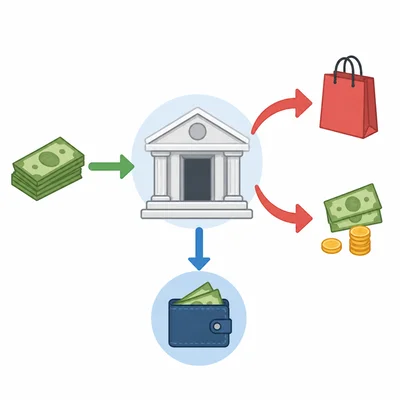 Flow diagram of money entering and leaving a bank account.
