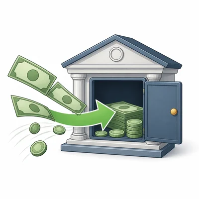 Money moving into a bank account with a green inward arrow.