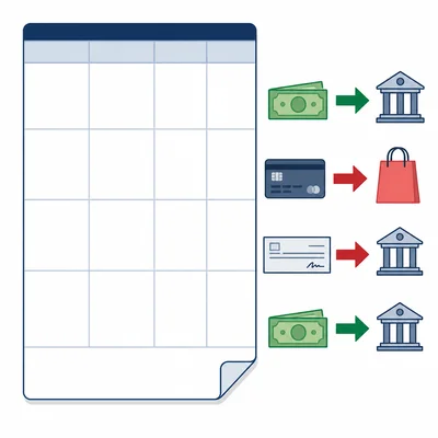 Bank statement icons showing deposits going in and purchases or checks going out.