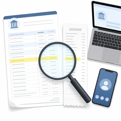 A receipt and bank statement being compared with a magnifying glass.