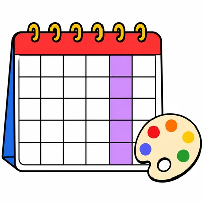 Calendar grid with one column highlighted and a paint palette.