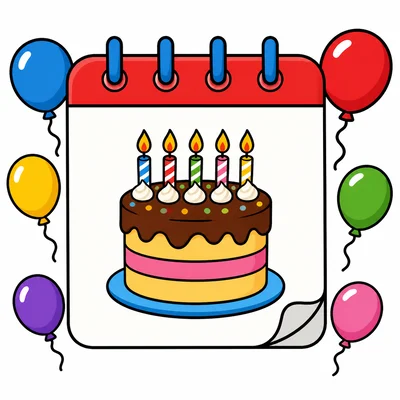 Blank calendar with a birthday cake and balloons.