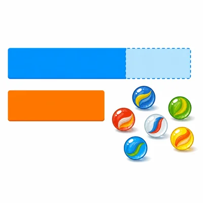 A comparison bar model showing two marble amounts and the extra part.