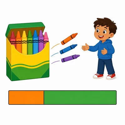 A crayon sharing scene with a bar model showing given away and left parts.