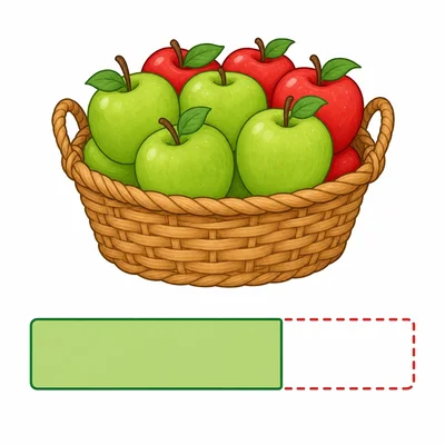 A basket of apples with a bar model showing green apples and missing red apples.