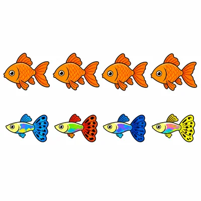 Pictograph showing four goldfish and four guppies.