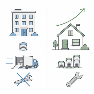 Icon-based comparison of renting and buying benefits and responsibilities.