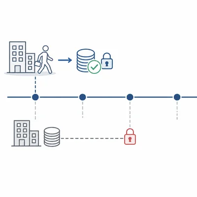 Timeline showing an employee leaving early, keeping personal contributions while employer contributions remain locked until later vesting.