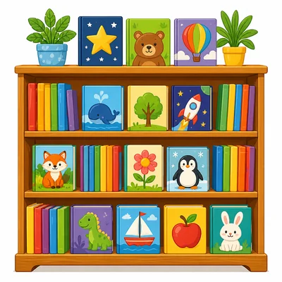A bookshelf filled with colorful picture books.