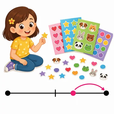 A child with colorful stickers and a blank number line showing rounding up.