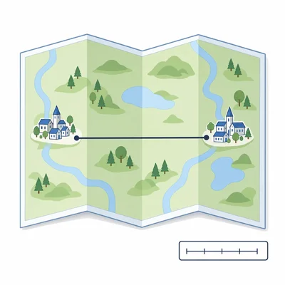 A map with two towns connected by a route and an unlabeled scale bar.