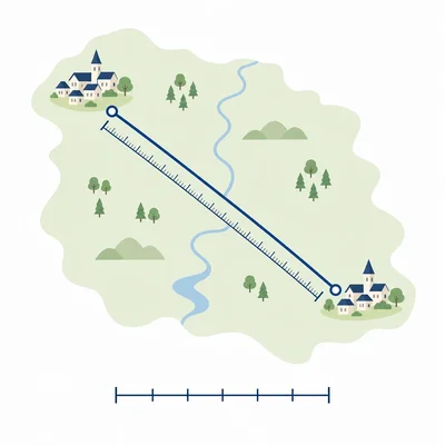 A map showing two towns connected by a measured line.