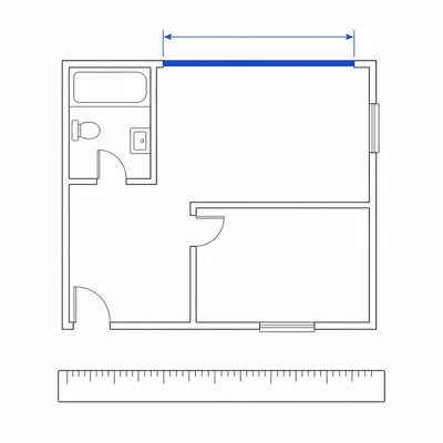 A floor plan with one wall segment highlighted.