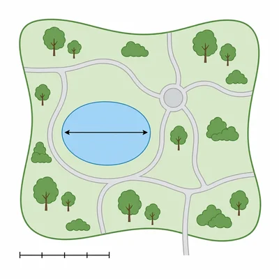 A park map with a pond width indicated and an unlabeled scale bar.