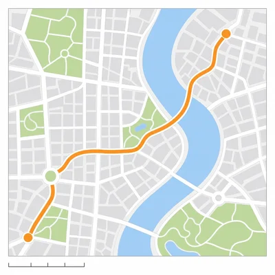 A city map showing a highlighted road and an unlabeled scale bar.